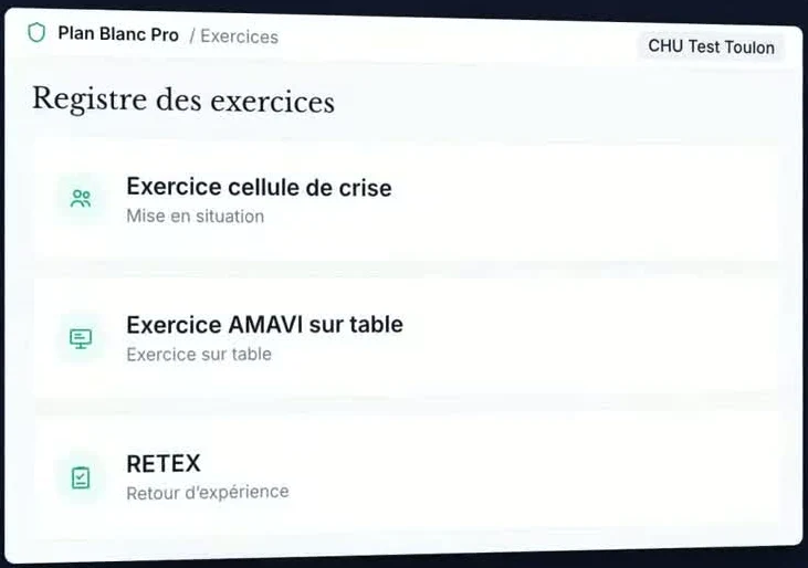 Registre des exercices Plan Blanc Pro : exercice de cellule de crise, exercice AMAVI et retours d'expérience