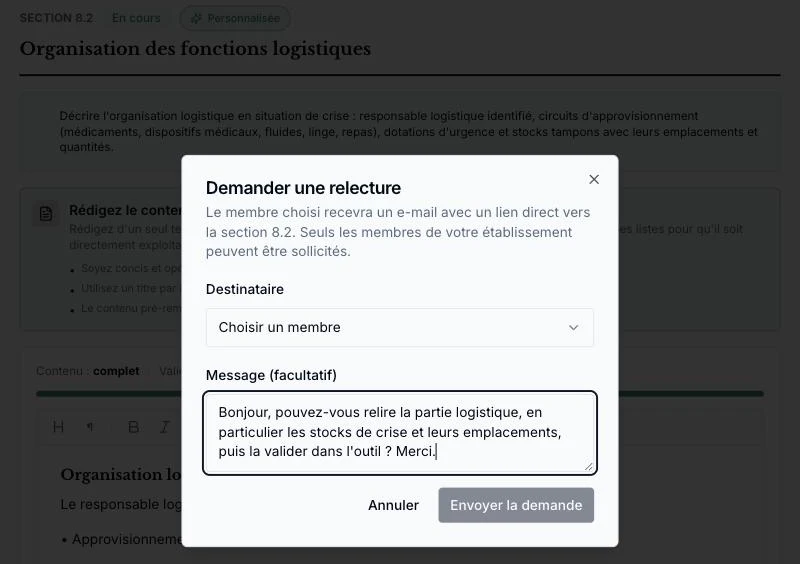 Demande de relecture d'une section envoyée à un membre de l'établissement depuis Plan Blanc Pro