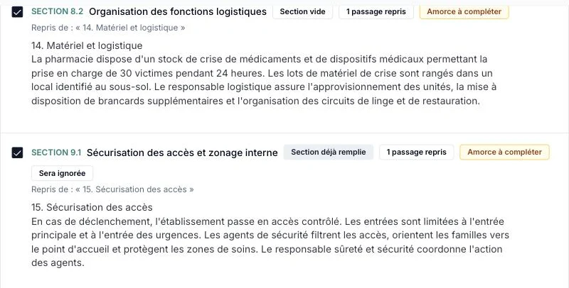 Import d'un Plan Blanc dans Plan Blanc Pro : chaque section reprend le passage d'origine, mot pour mot, avec sa provenance et son statut